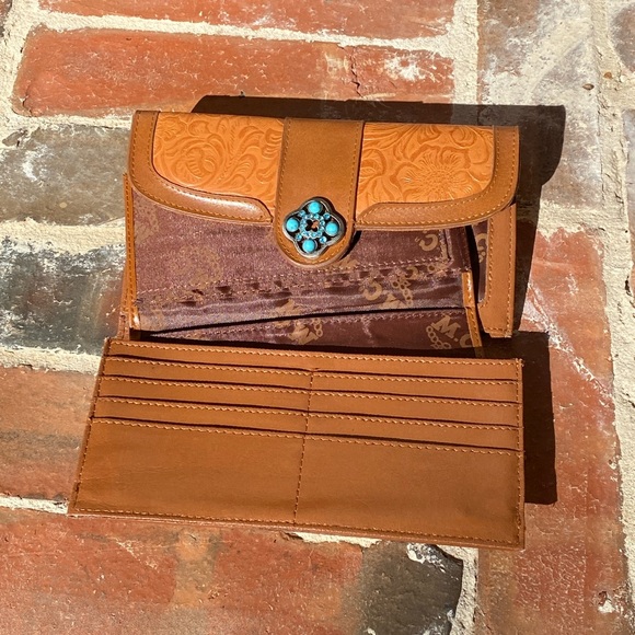 M.C. Floral Tooled Leather Wallet with Turquoise rhinestones & beads - Picture 2 of 16